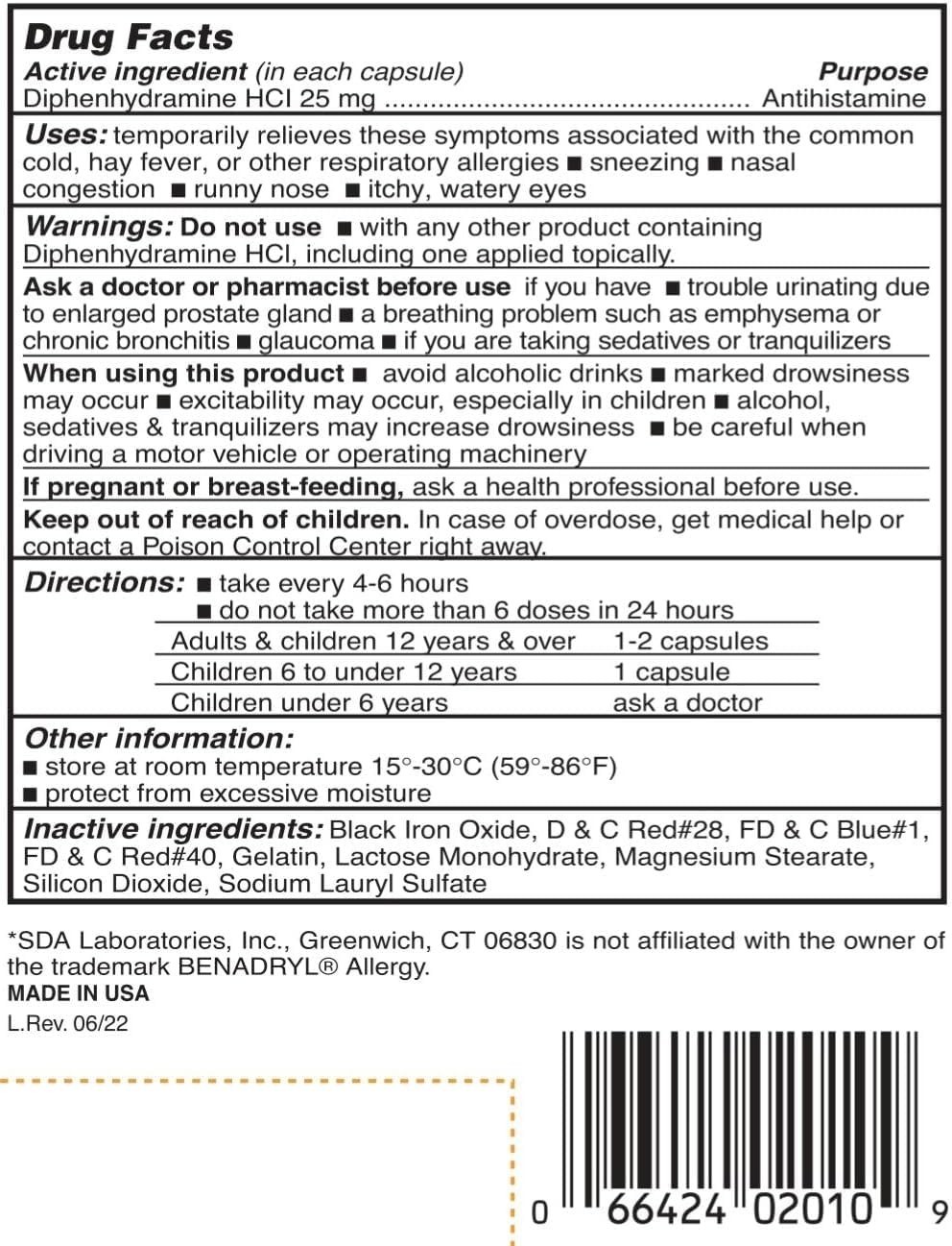 DIPHENHYDRAMINE 25MG 1000ct capsules, SDA LABS, Allergy Relief