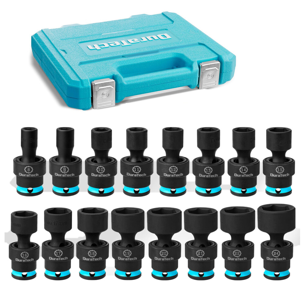 DURATECH 16PC 3/8" Dr Swivel Socket Set Shallow Universal Impact Metric 8mm-24mm
