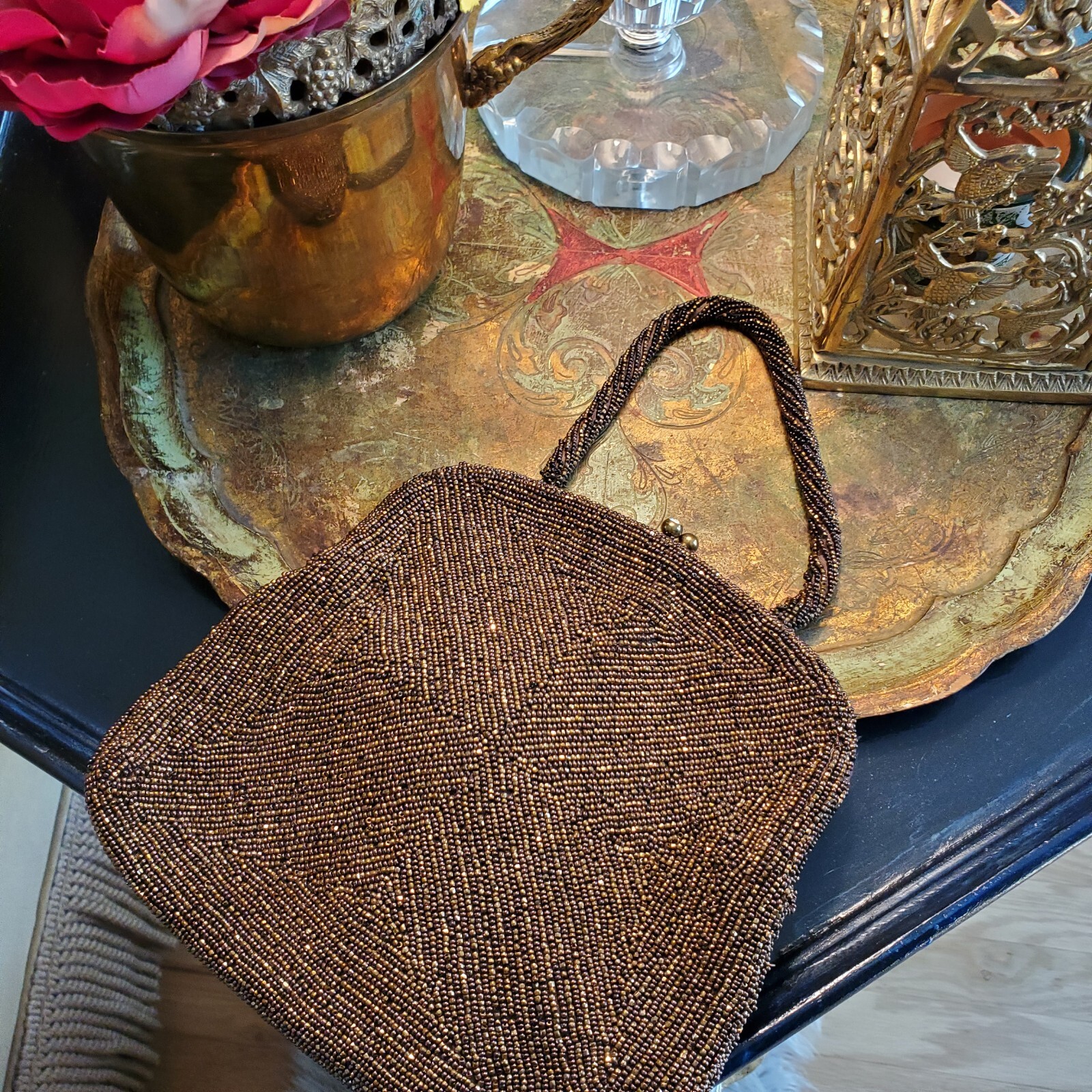 Joseph Horne Pittsburgh Belgium Brown Beaded Evening Bag Handle Twist Top Lock