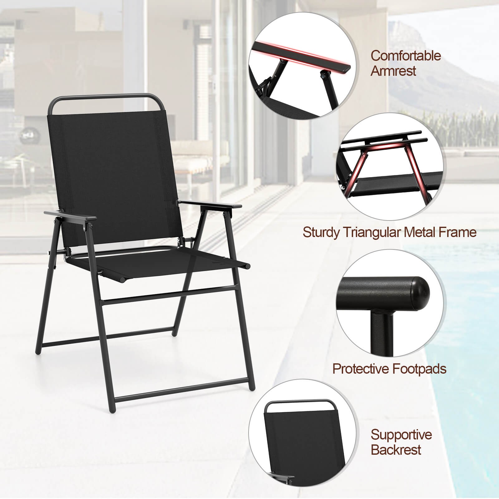 4pcs Patio Folding Sling Chairs Outdoor Dining Armrest Backrest Portable