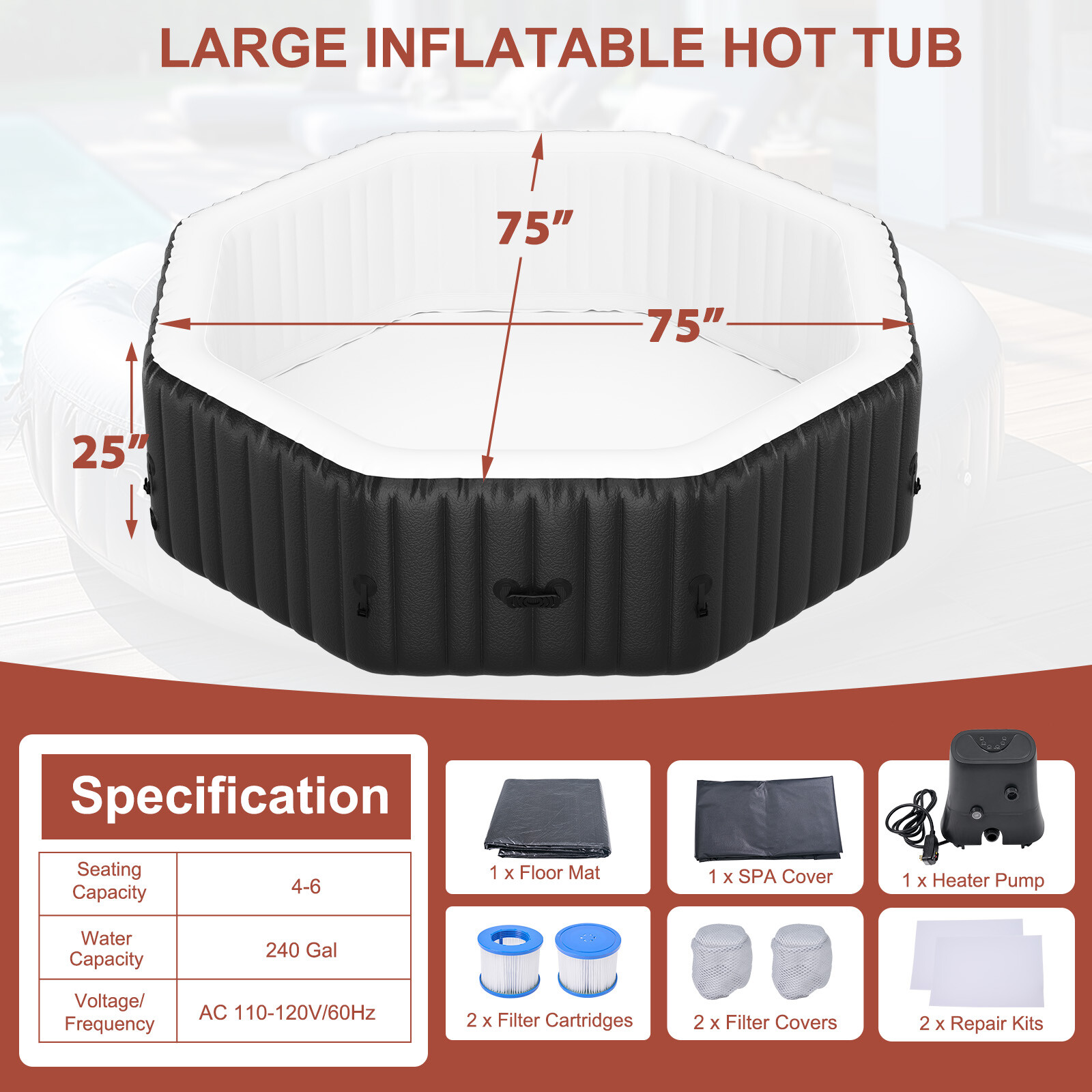 NAIZEA 6 Person Inflatable Hot Tub 75x75x25 Spa with 130 Soothing Jets and Cover