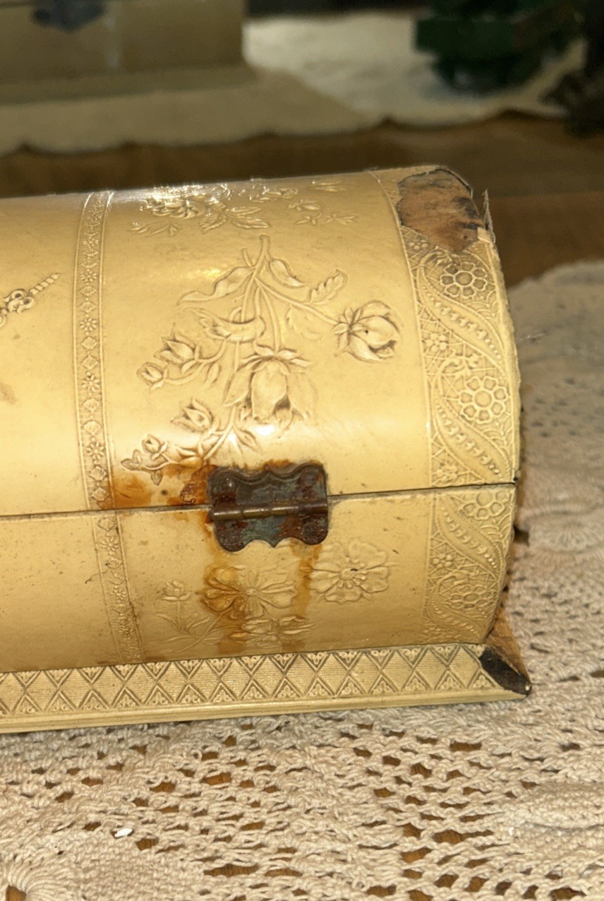 Antique Jewelry Box Engraved Angel Celluloid Wrapped Wood 9x 3.75 Oval Quite Old