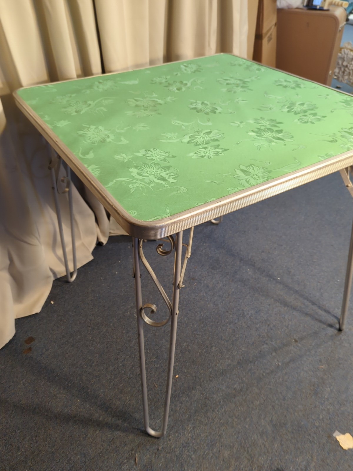 Vtg Retro Card Table Aluminum Green Portable 60s Scroll Legs MCM Mid Century