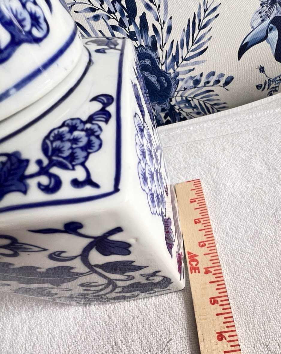 Chinoiserie Square Ginger Jar Small Blue White Floral Ceramic Lidded 4.5 x 4 x 7
