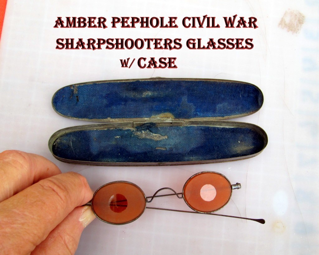 Frosted Amber Civil War Sharpshooter Glasses w/ Case  Frosted  Lens  Wire Rims
