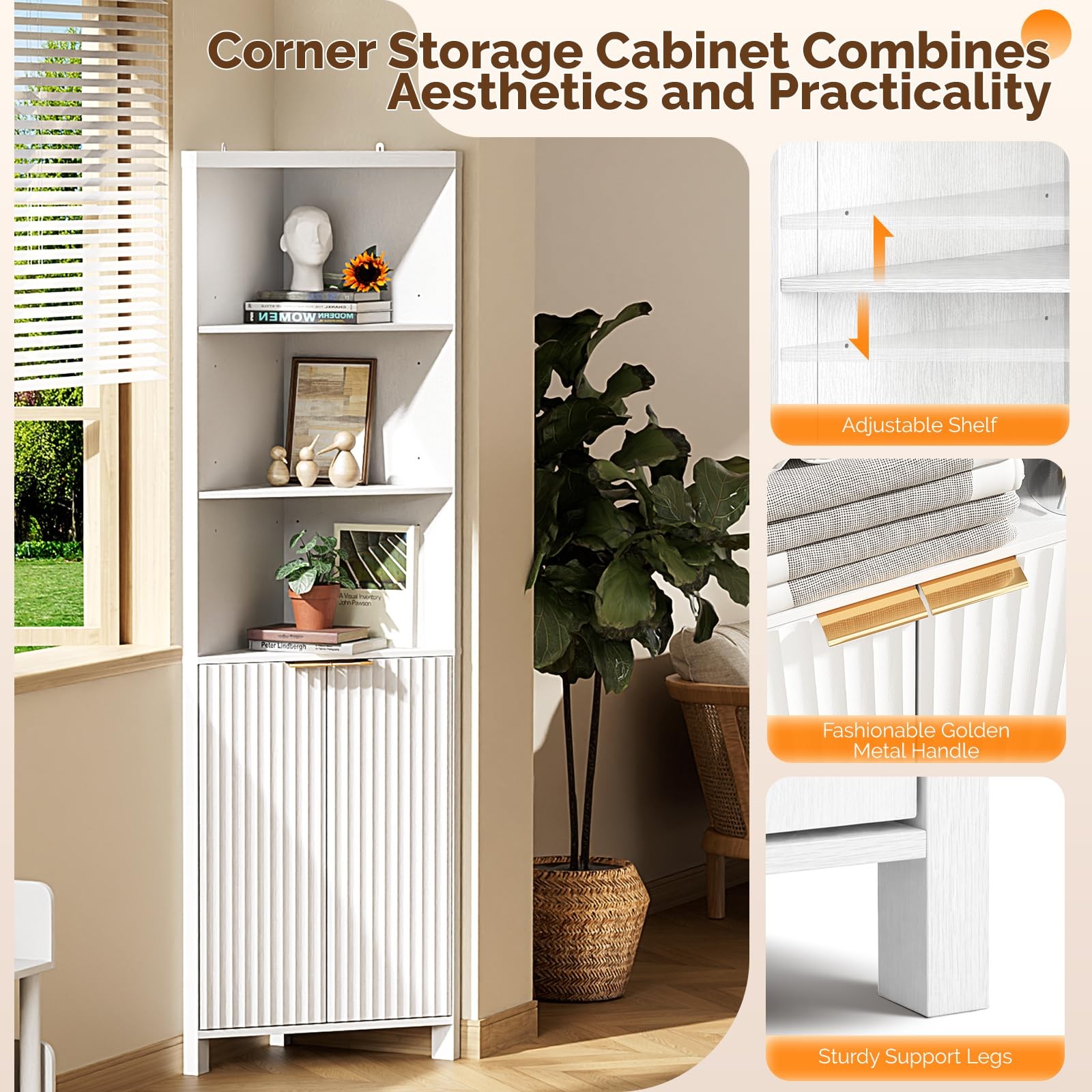 Tall Corner Cabinet with Fluted Doors, 68" White Corner Storage Cabinet