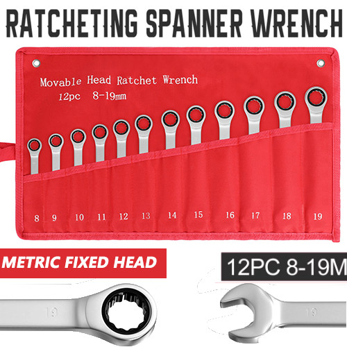 12Pc 8-19mm Metric Fixed Head Ratcheting Wrench Combination Spanner Tool Set