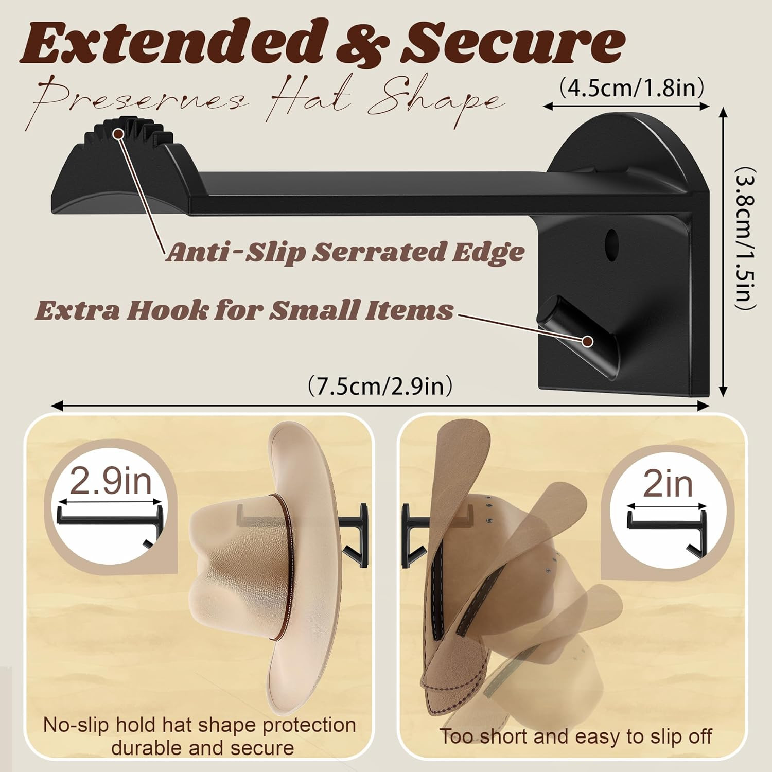 2.9Inch Hat Hooks for Wall - (8 Pack) Cowboy Hat Rack,Suitablesun Hats, Fedora,