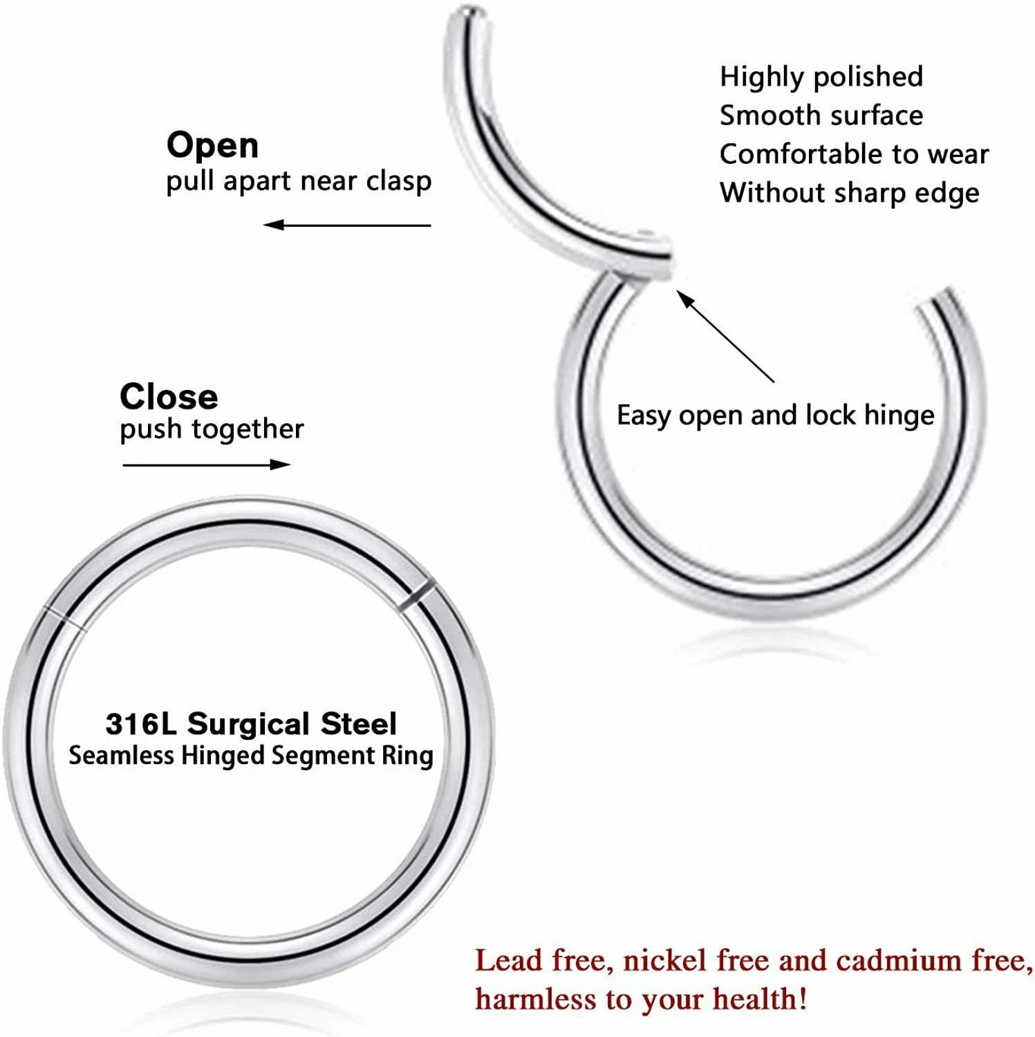 1PC Surgical Steel Hinged Segment Hoop Ring Sleeper Lip Ear Nose Body Piercing