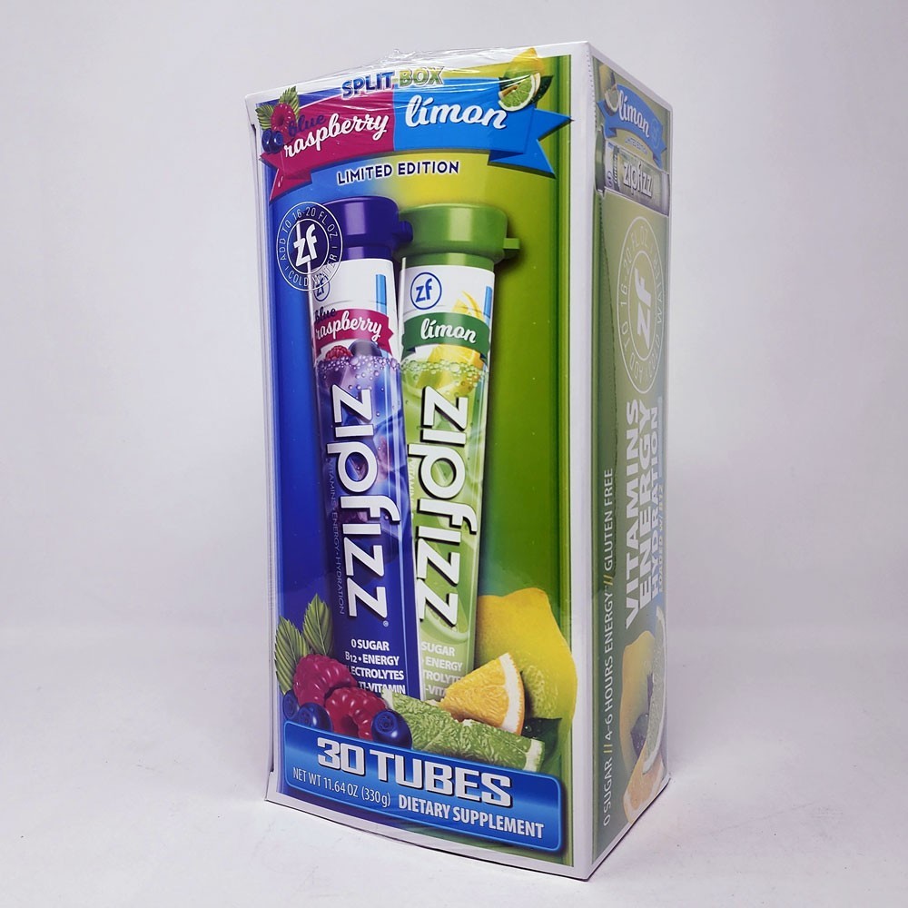 ZipFizz Energy Drink Mix 30 Tubes Split Box Límon & Blue Raspberry Exp: 11/26