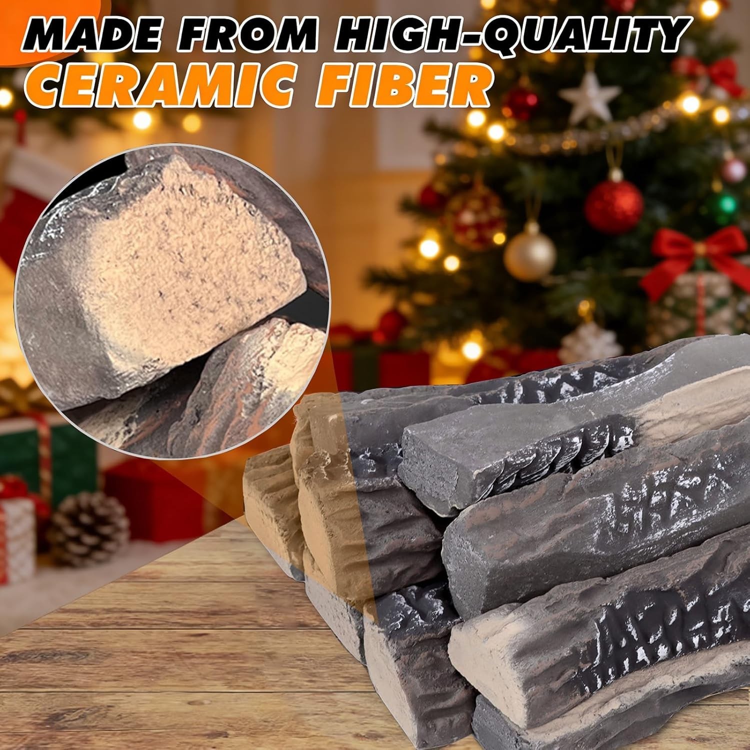Large Ceramic Gas Logs, 10 Piece Set of Decoration Ceramic Wood Logs for All Typ