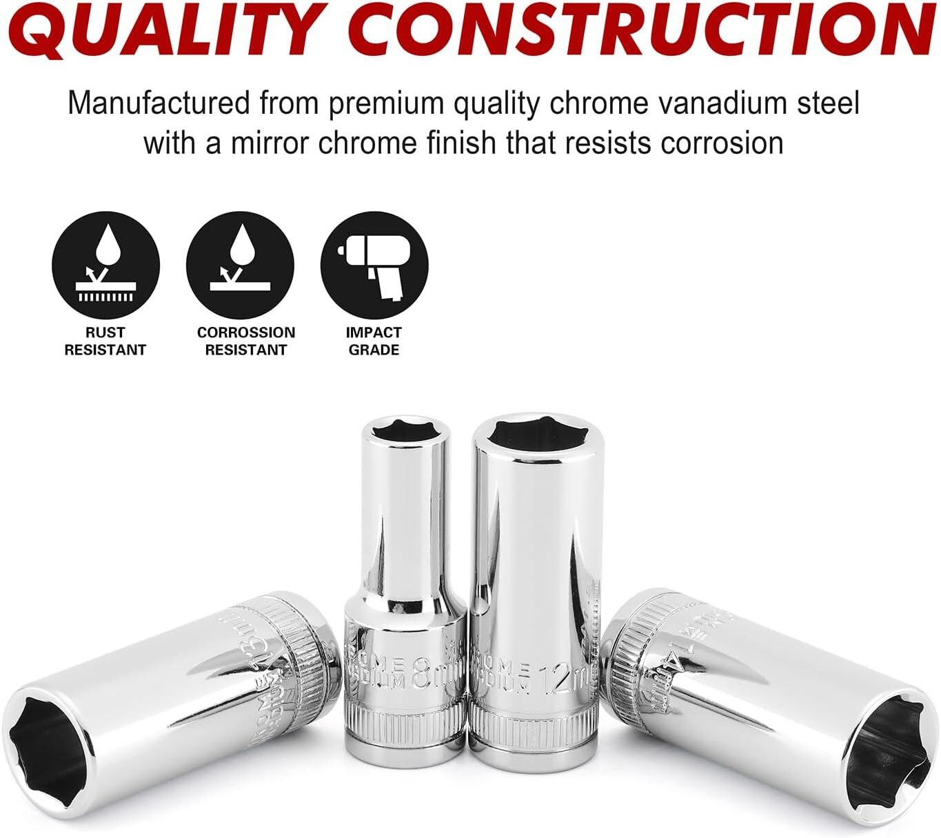 3/8" Drive Metric Deep Impact Socket Set Mid-Length 6-19 mm 14PCS 6 Point