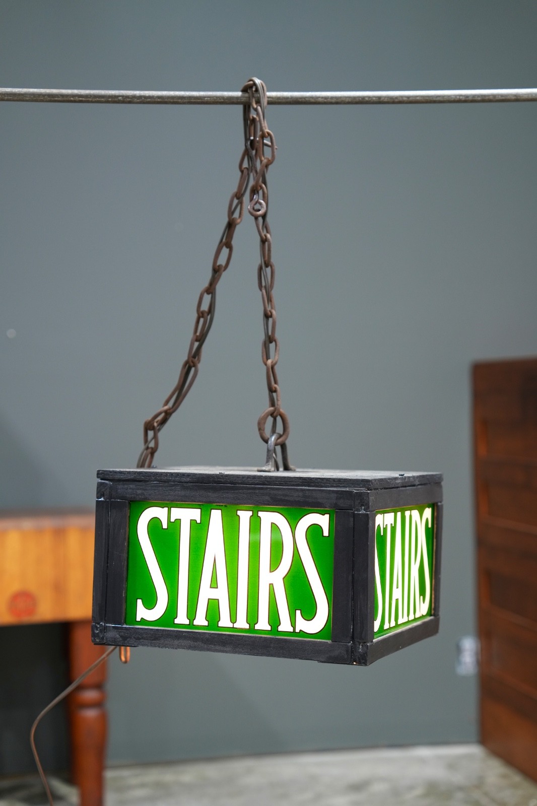 Vintage Stairs Lighted Sign Reverse Painted Glass Green Exit Light Stairway