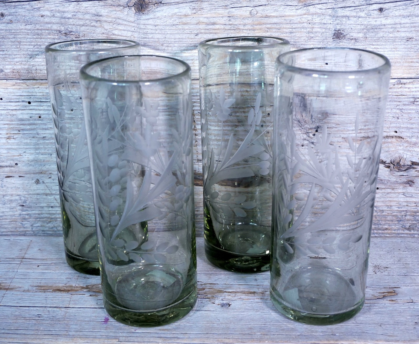 Set of 4 Tall Lemonade Glasses Handblown Hand Etched Pale Green Mexican Folk Art