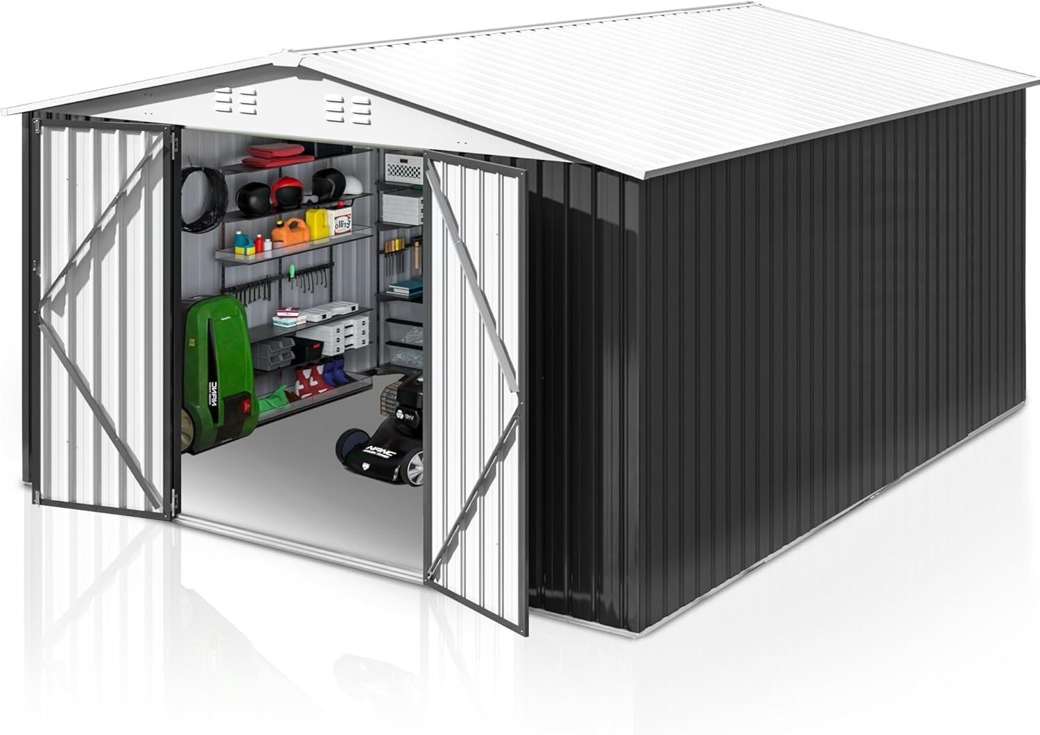 10x12 FT Outdoor Storage Shed with Updated Frame, White/Black