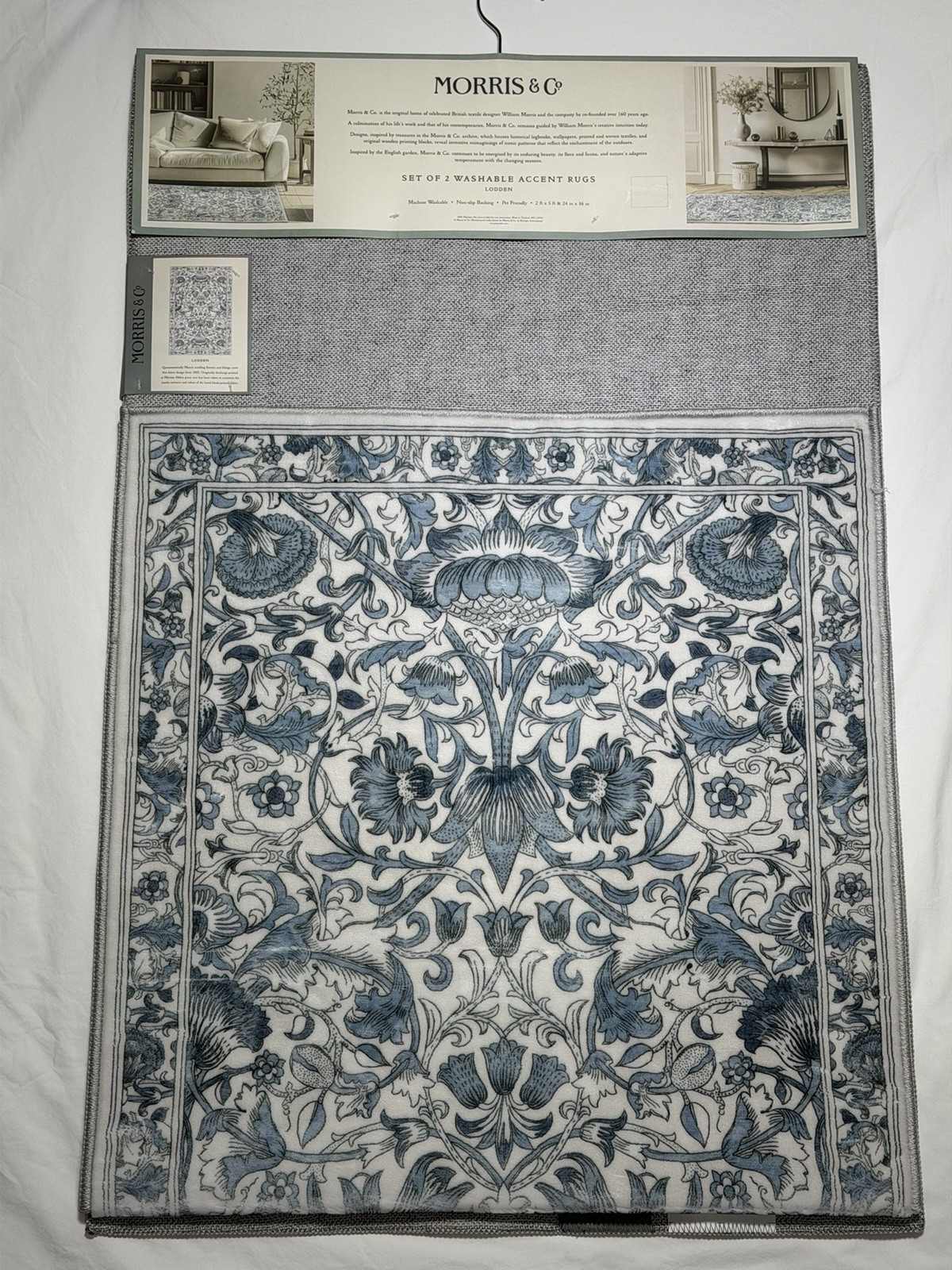 NEW Morris & Co 2 Piece Accent Rug Set Lodden Blue White 2'x5' Washable 24"x36"