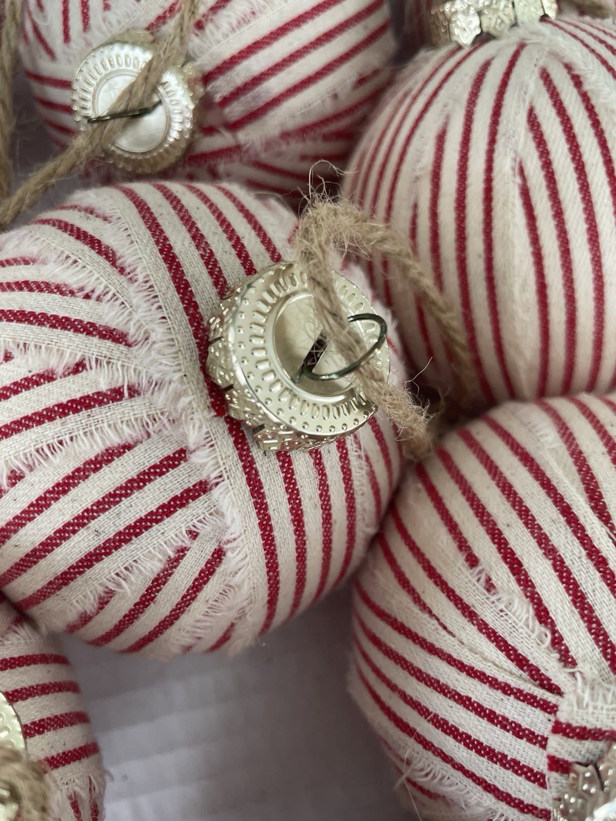 Red and White Ticking Striped Ball fabric Christmas Ornaments Lot Of 18 Country