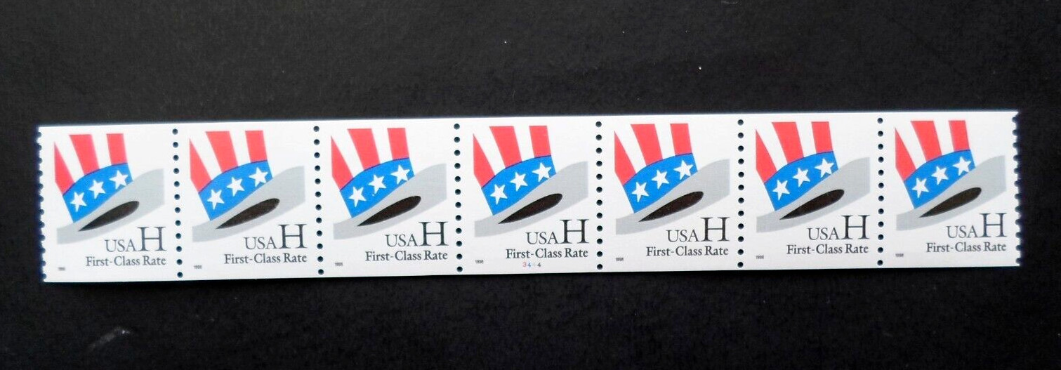1999 H Hat - Cat # 3264  PNC7 Coil Strip of 7 Stamps H Stamp (33c) Plate # 3444