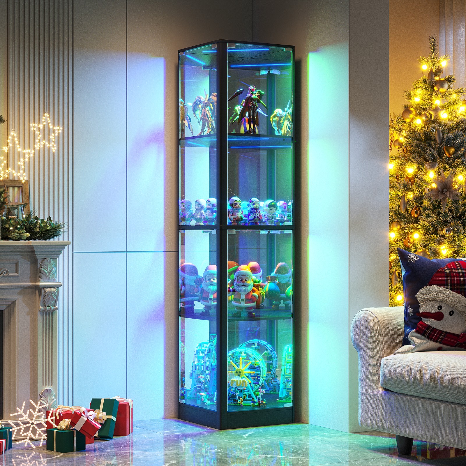 Gurexl Glass Curio Cabinet with RGB Lights, 4-Tier Display Case for Collectibles