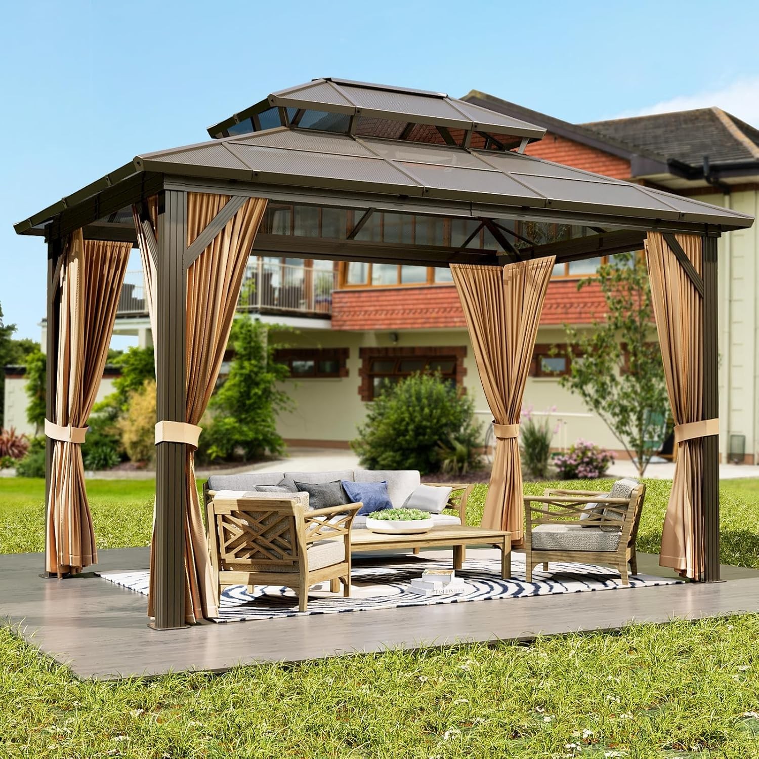 10x12 ft Outdoor Hardtop Gazebo Steel Frame Net Curtains Deck Pool Brown