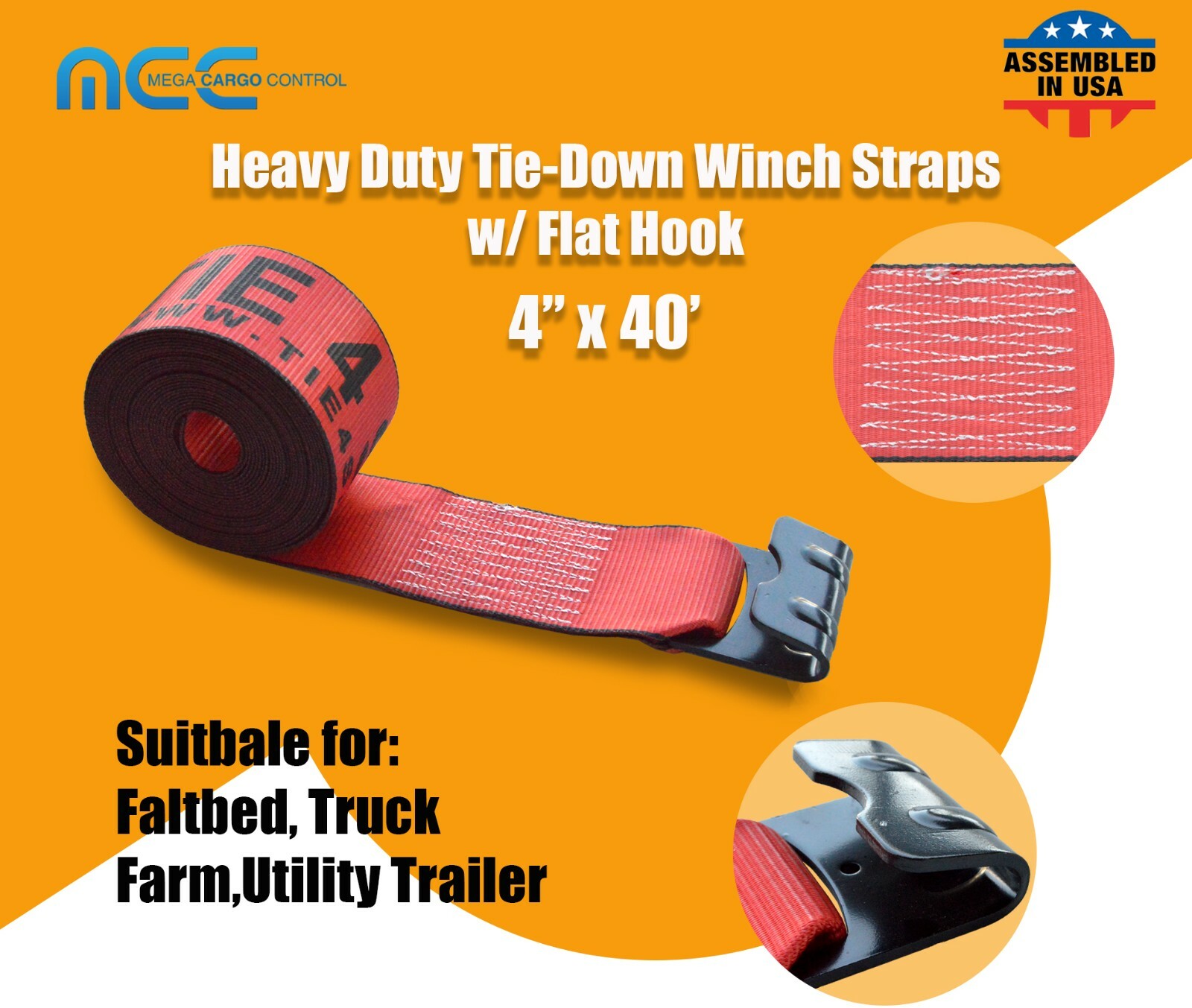 USA Heavy Duty 4" x40' Winch Strap Flat Hook Flatbed Truck Trailer Farm Tie Down