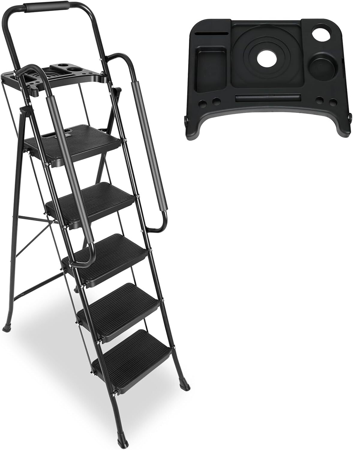 5 Step Non-Slip Stool Ladder with Handrails 330 lbs folding Tool Tray Platform