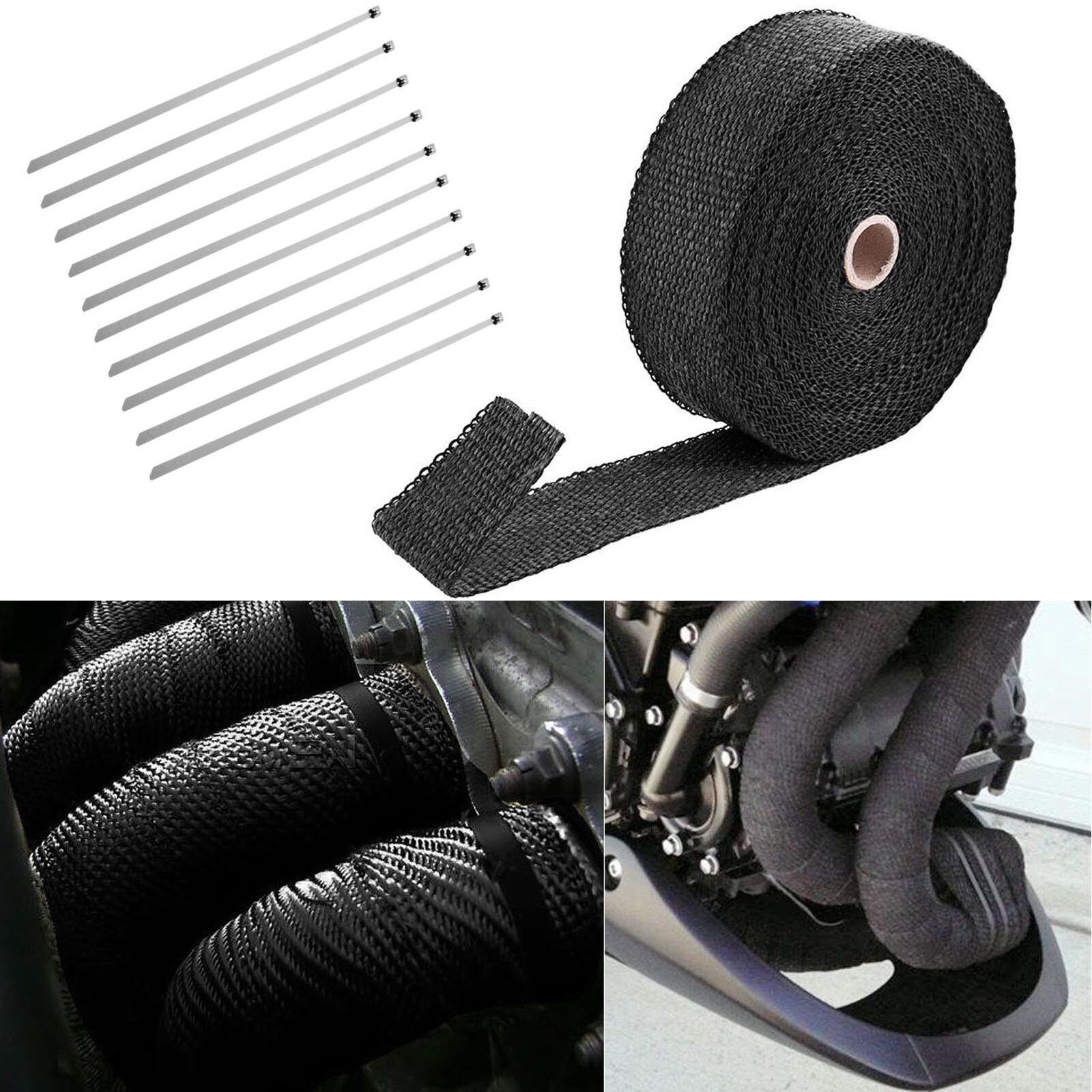 2 Roll x 2" 50Ft Black Fiberglass Exhaust Header Pipe Heat Wrap Tape+20 Ties Kit