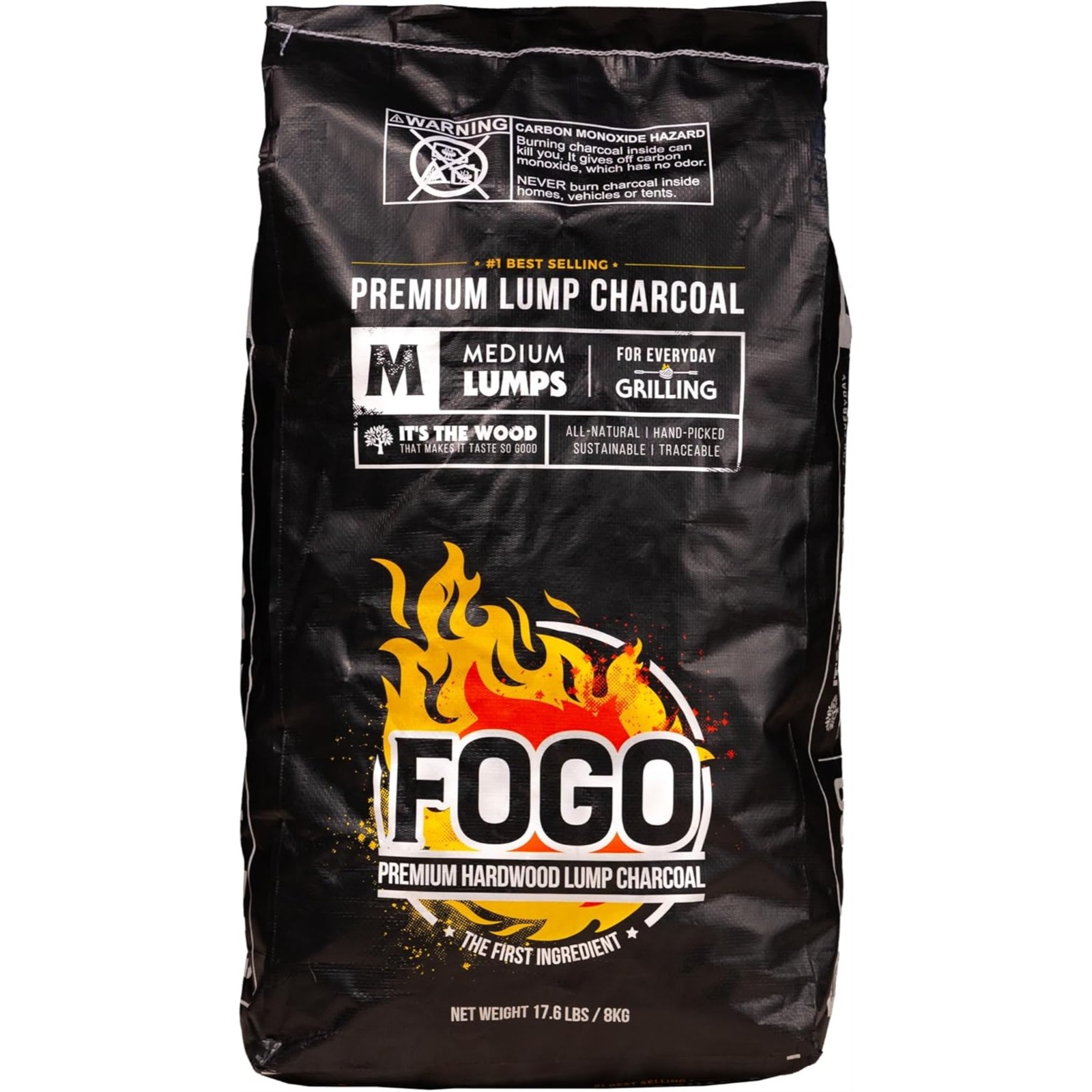 Fogo Premium Hardwood Medium-Sized Lump Charcoal, Black Bag, 17.6 Pounds