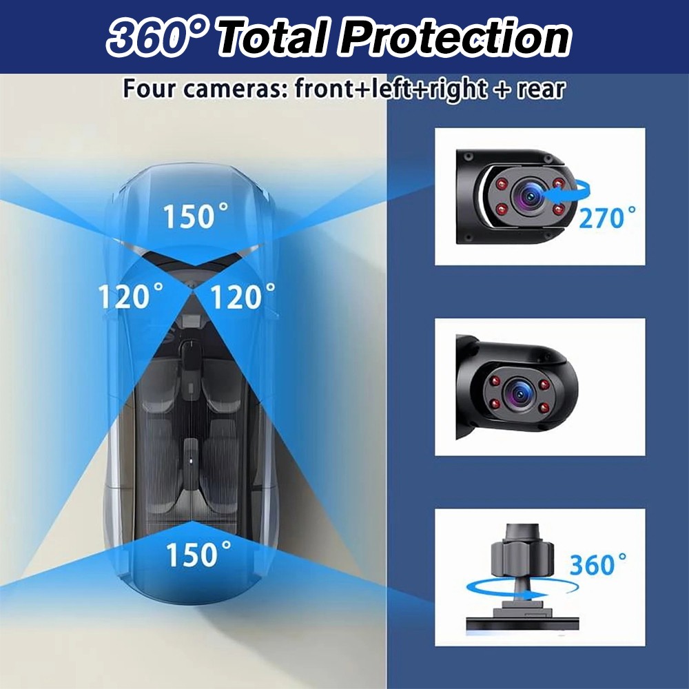 360° 4 Channel 1080P HD Car Dash Cam Front and Rear Inside Left Right + Camera