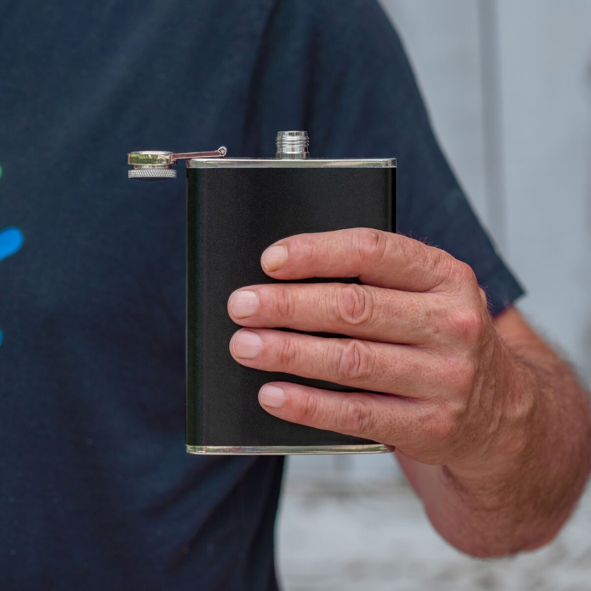 8oz Flask Black Vegan Leather Wrap Stainless Steel Attached Screw Cap Hip Pocket