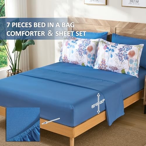 7Pieces Comforter Set, Colored Botanical Bed in a Bag Complete Queen Colorful