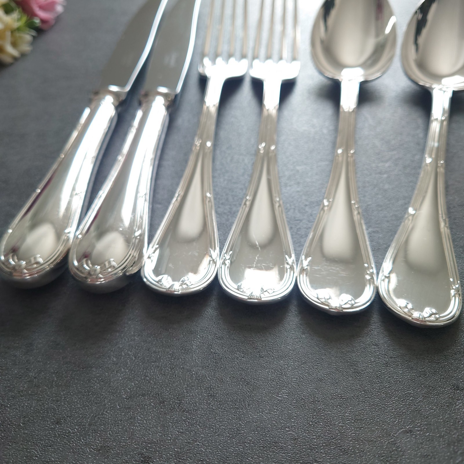 Christofle Rubans 6pcs Flatware Silverplated Table Knife Fork Spoon Excellent