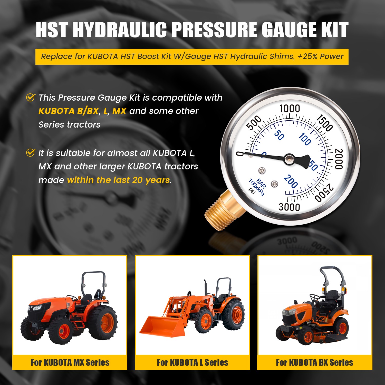 Replace for KUBOTA HST Boost Kit W/Gauge HST Hydraulic Shims Fit for KUBOTA MX