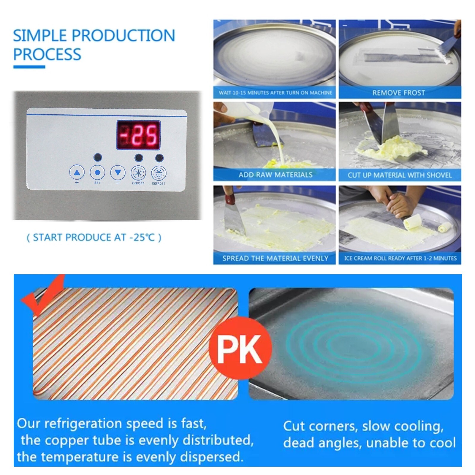 Kolice commercial 45cm (18" ) fry ice cream machine single round ice pan-3 tank