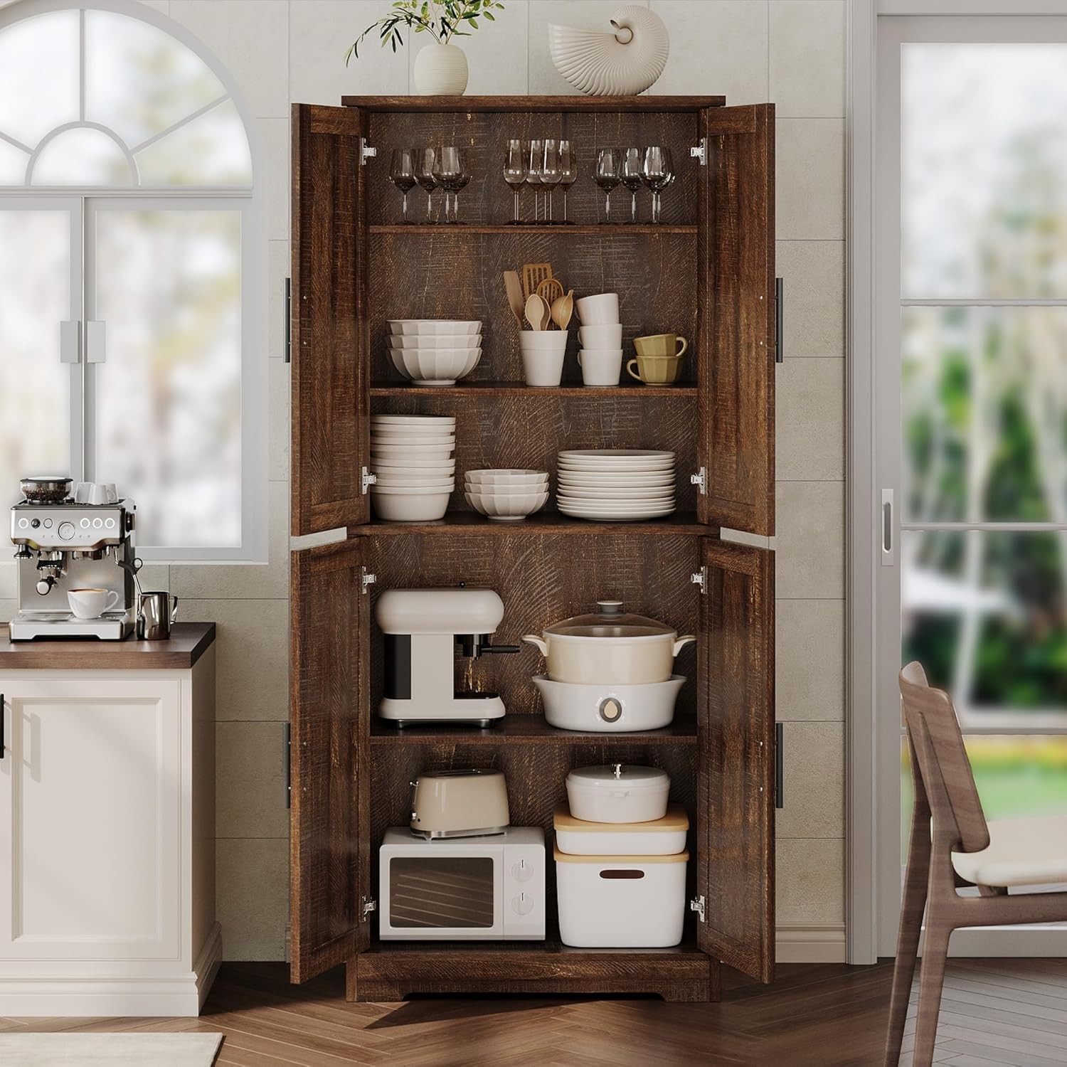 70" Kitchen Pantry Cabinet w 4 Doors, Freestanding Storage w Adjustable Shelves