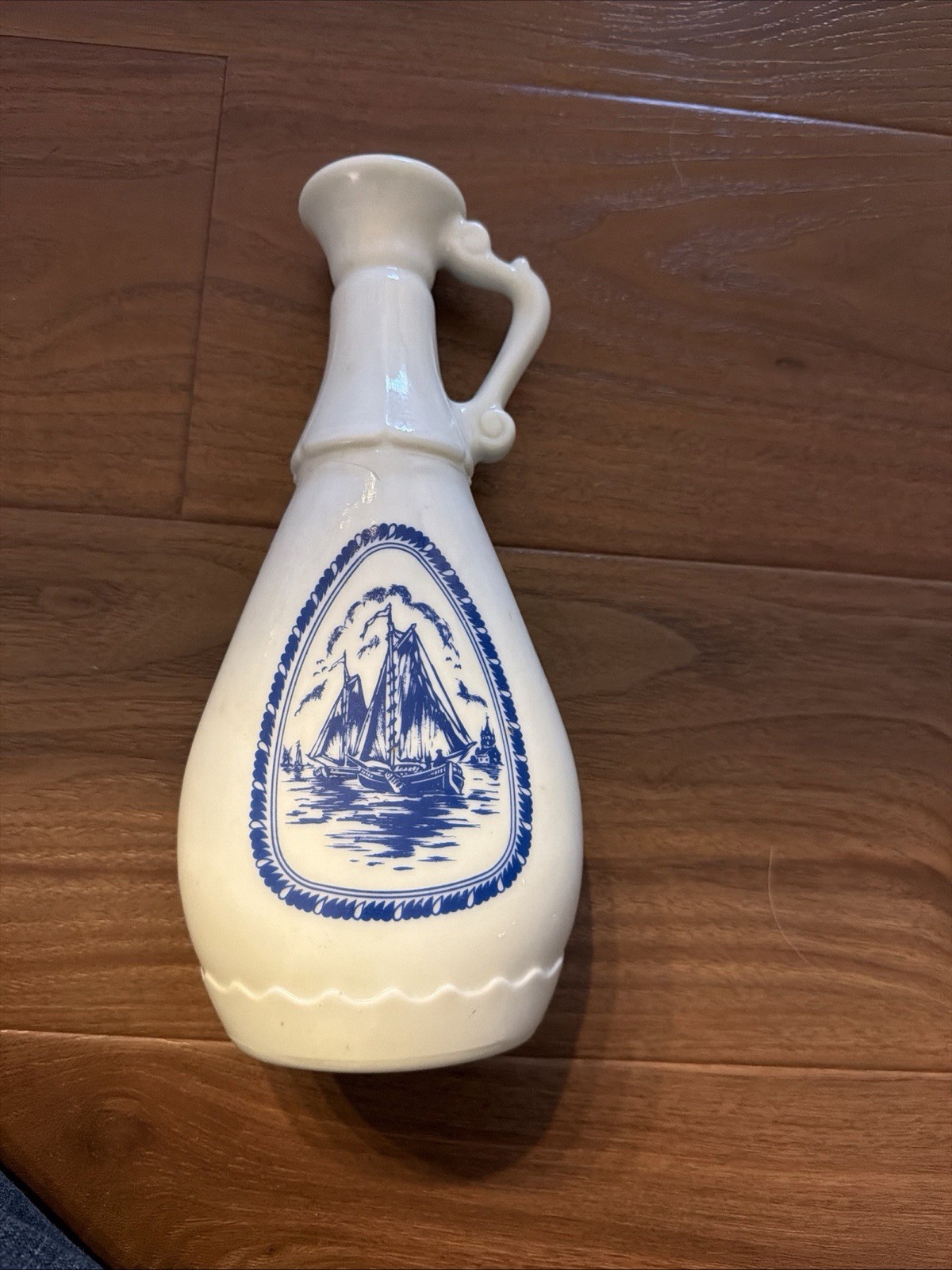 Vintage Delftware Decanter Pitcher Vase Holland Ships and Windmills 10” X 4”
