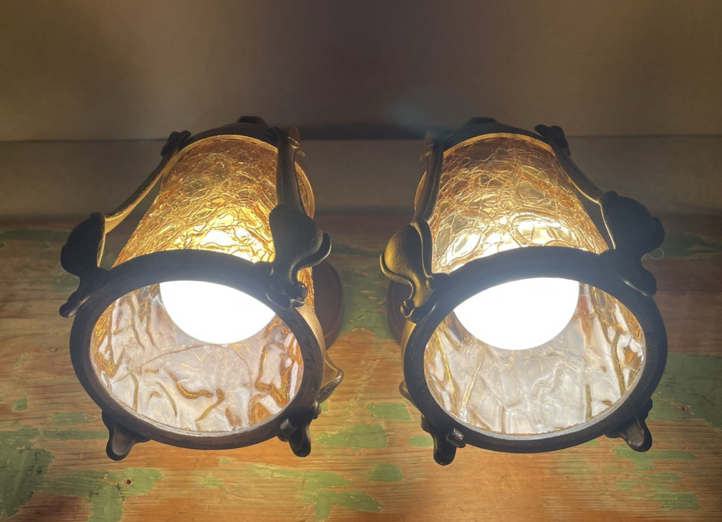 RESTORED Pair Antique Vtg Tudor Arts Crafts Wall Sconces Amber Glass Porch Light