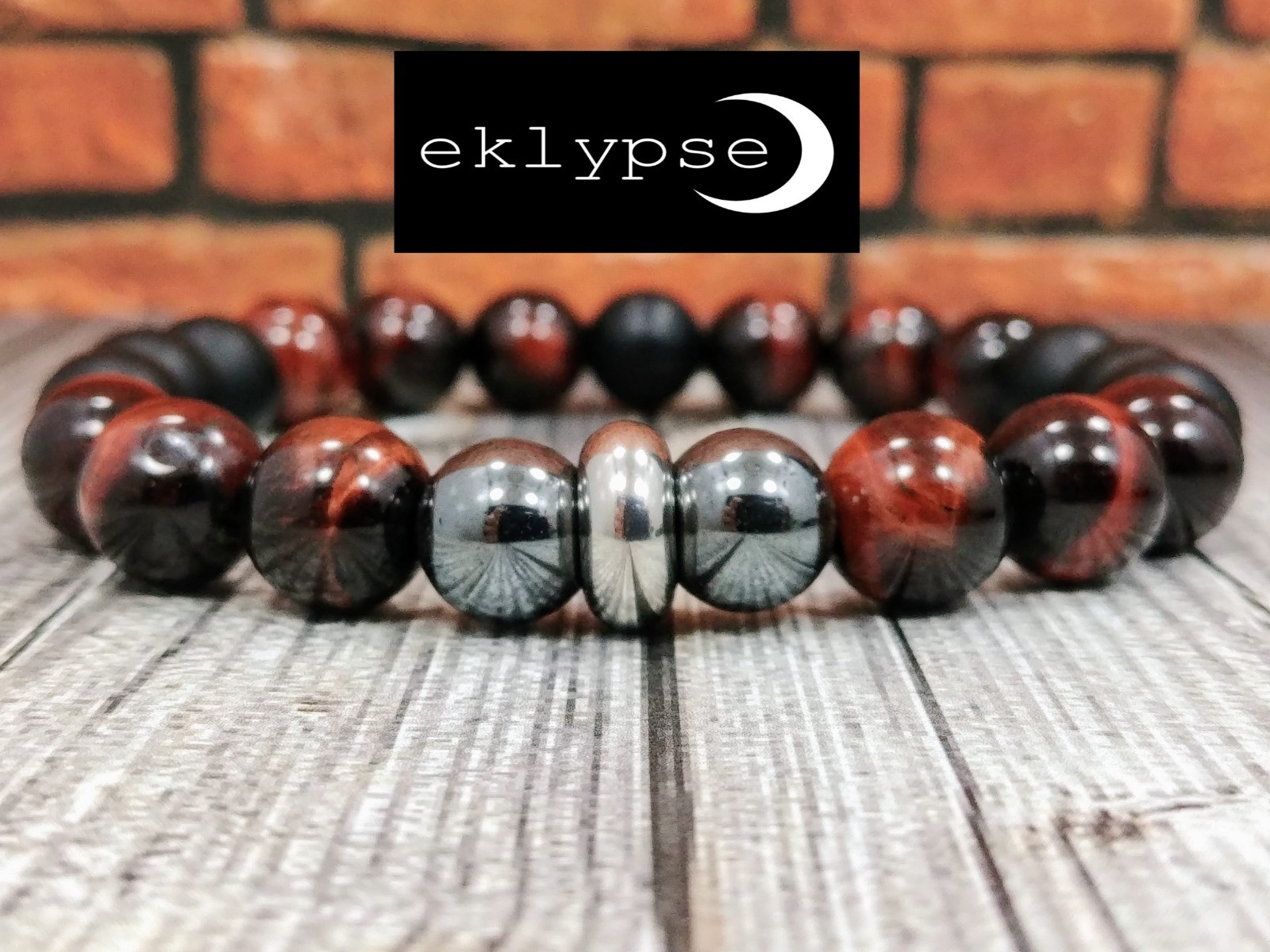 8"L STAINLESS STEEL 10mm Tigers Eye+Hematite+Onyx Gemstone Beaded Men's Bracelet