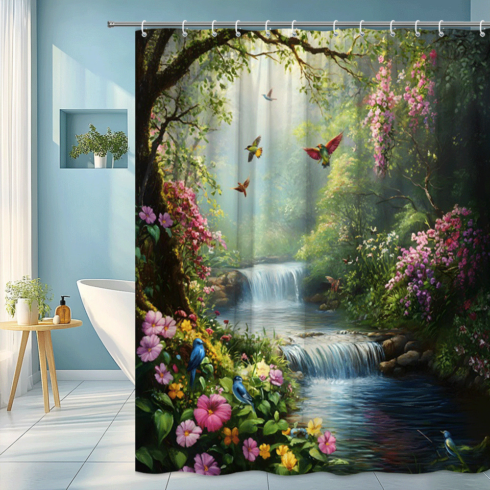 Waterfall Forest Shower Curtain Colorful Birds and Flowers Nature Bathroom Decor