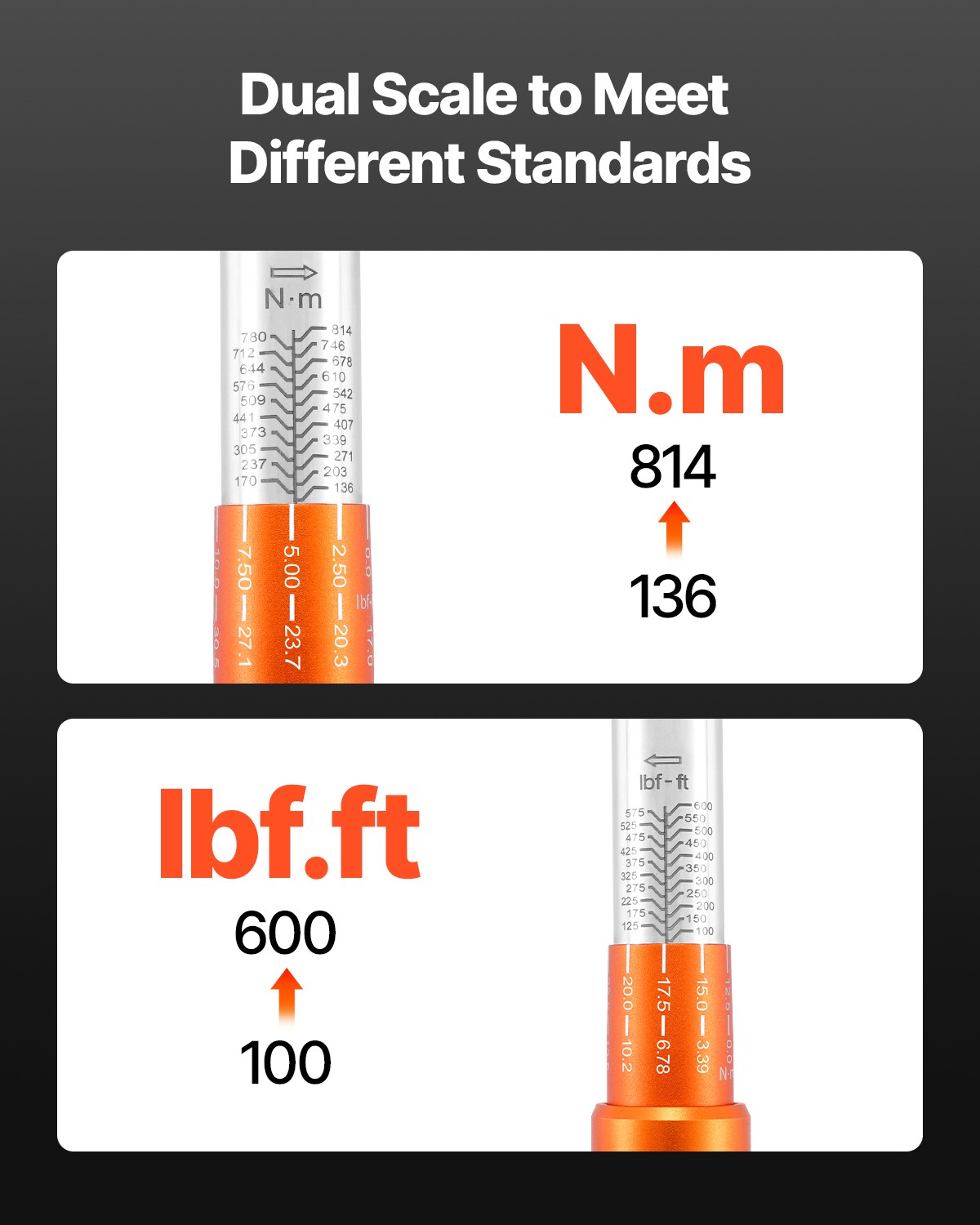 VEVOR Click Torque Wrench 3/4 In Drive 100-600 lbf-ft/136-814N.m Dual-direction