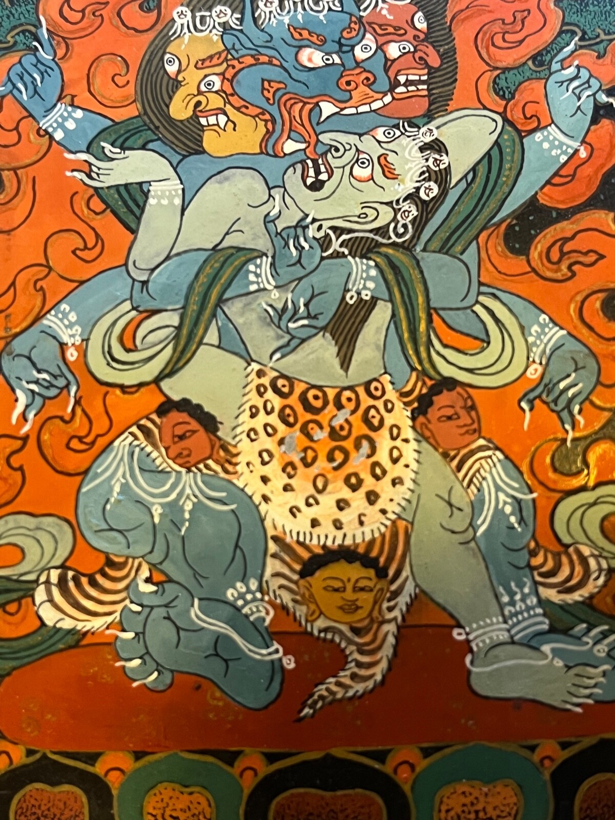 Tibetan Thangka Painted on Horn Yamantaka in Father-Mother Union