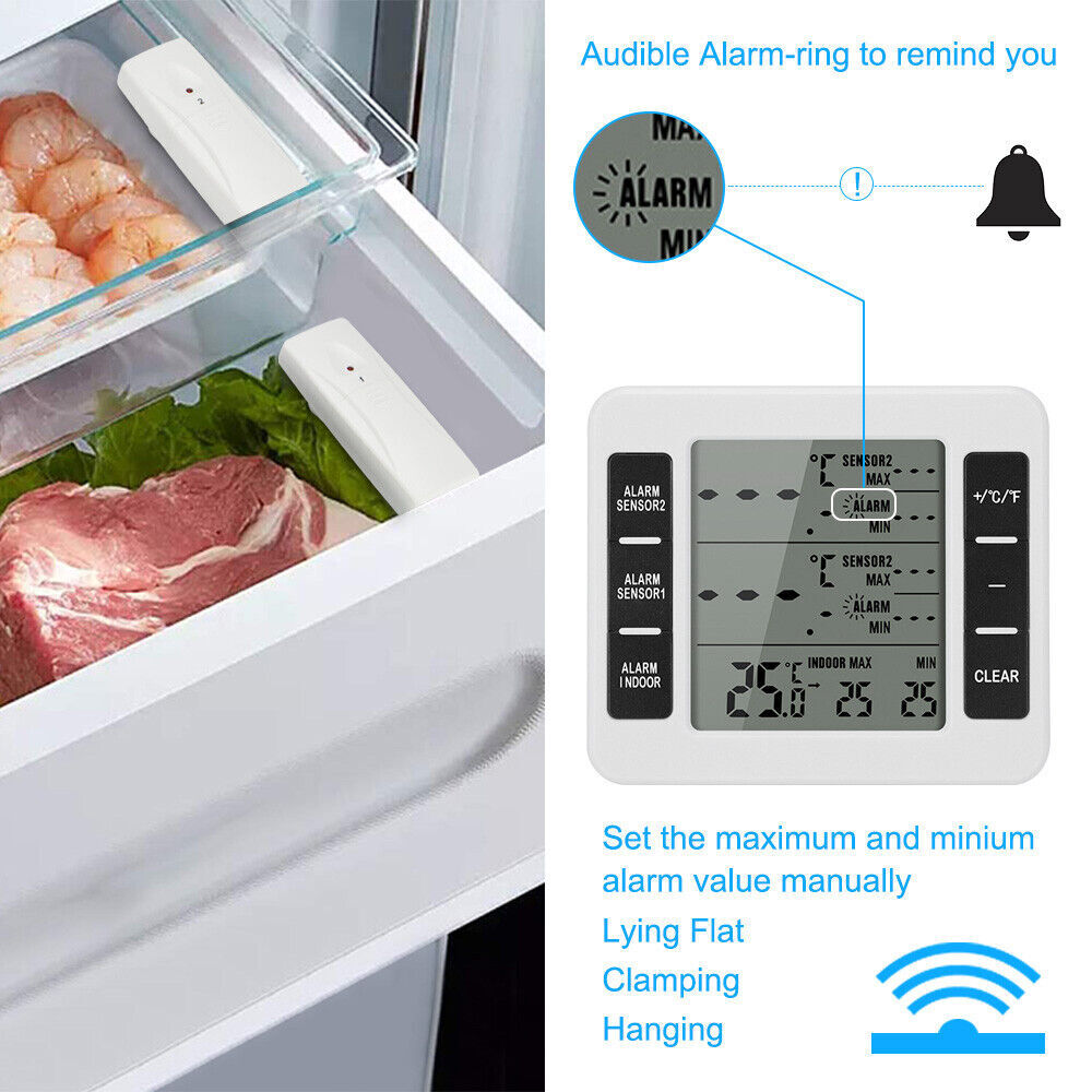 Wireless Digital Refrigerator Freezer Thermometer Temp Alarm Dual Sensor