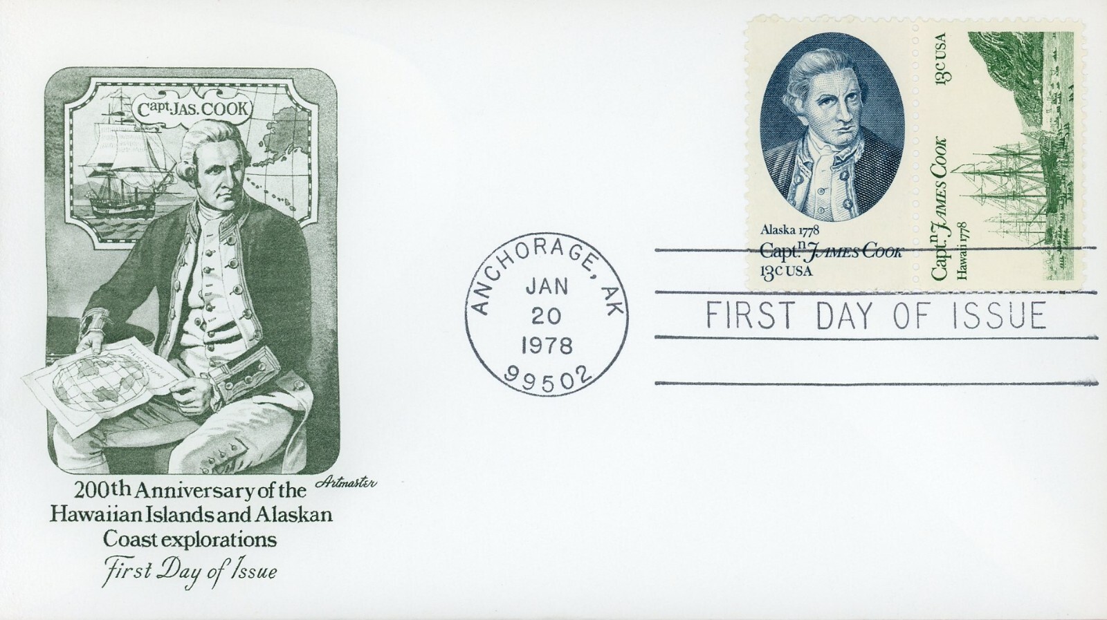 US 1733b FDC Captain James Cook Artmaster Alaska Se-Tenant Pair