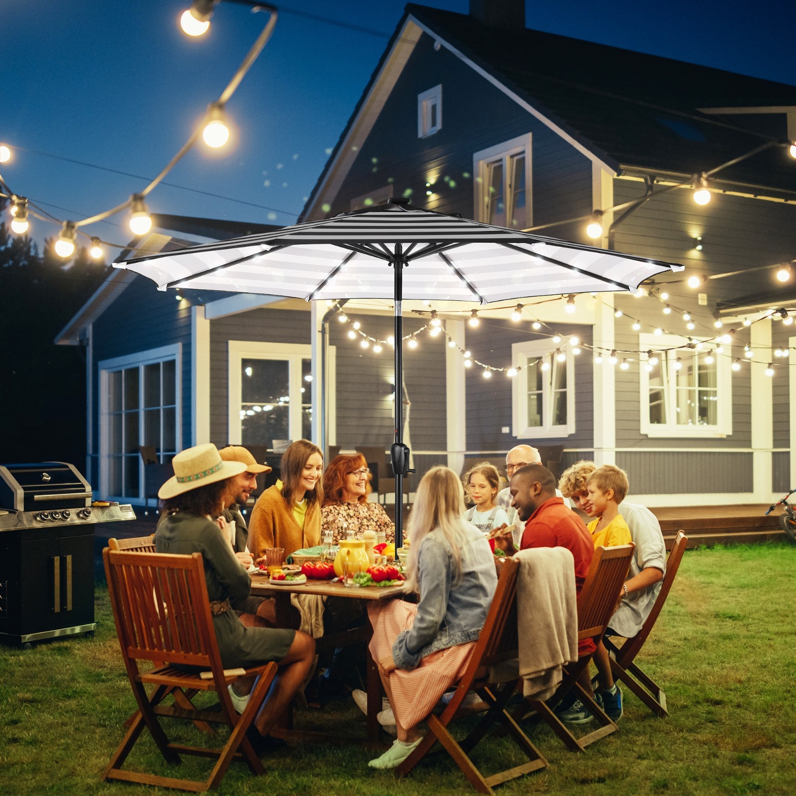 Sun-Ray9 Round Patio Umbrella with Solar Powered LED Lights, Tilt and Crank Lift