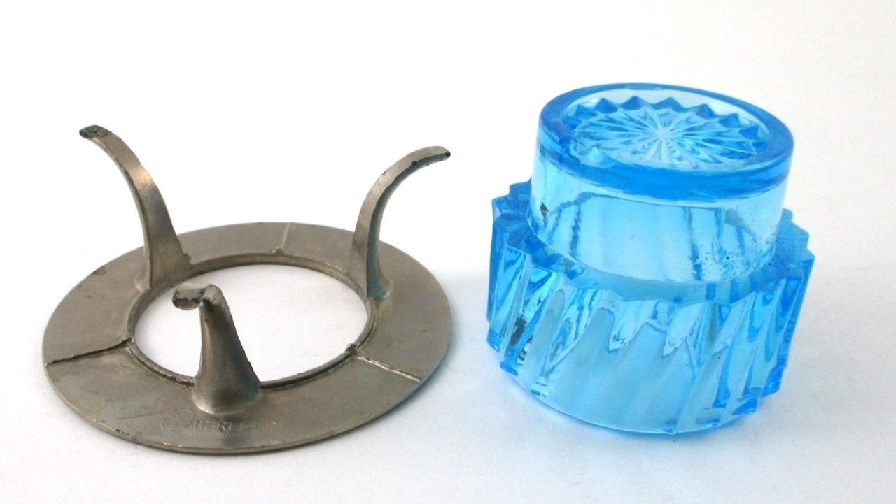 Sapphire BLUE Ribbed Swirl pressed glass OPEN SALT, Footed Metal STAND - GERMANY