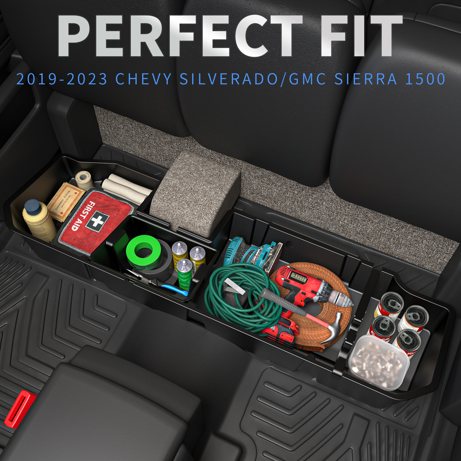 Under Seat Storage for 2019-2025 Chevy Silverado GMC Sierra 1500 2500HD 3500HD