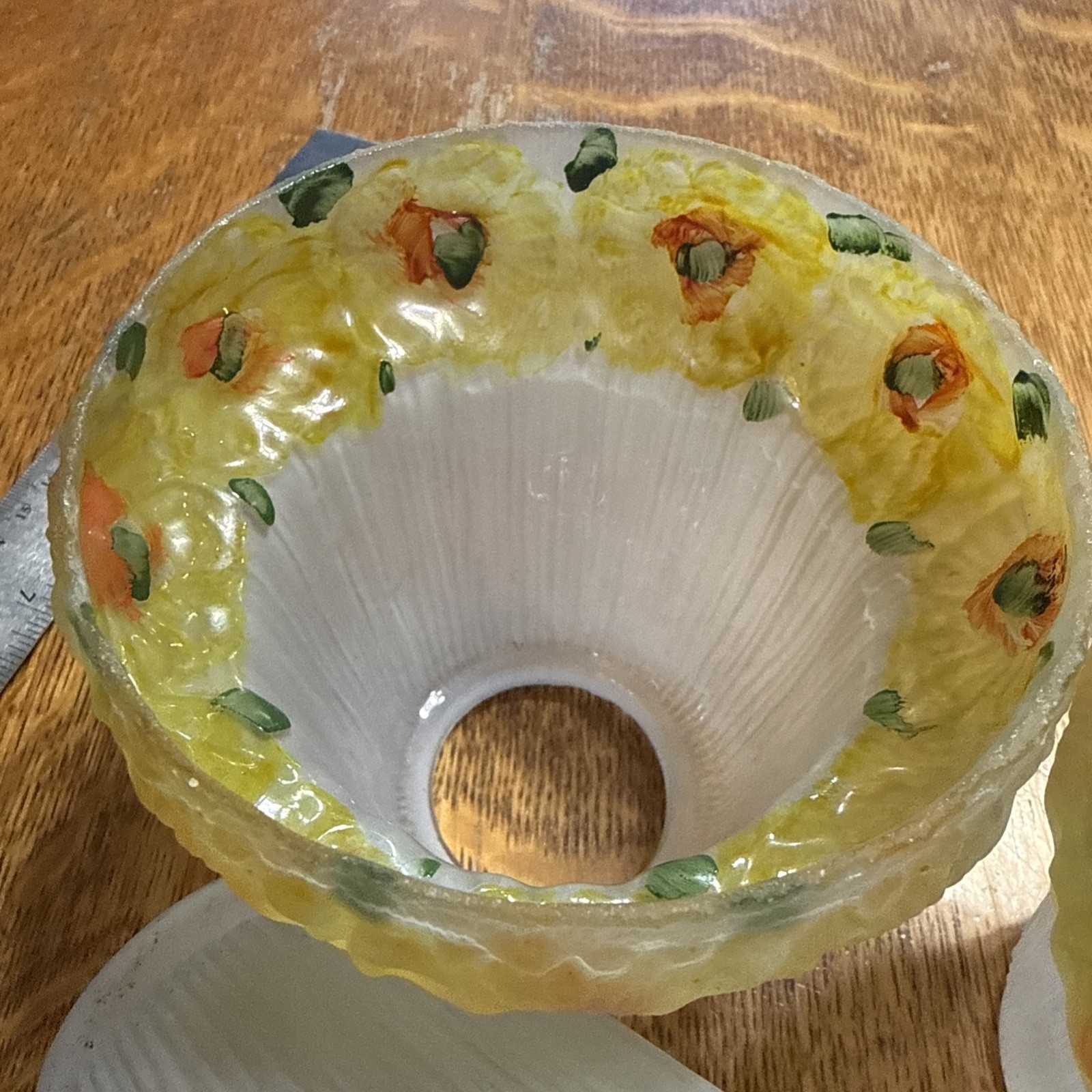 Antique Set 3 Reverse Painted Glass 4 5/8" Shades Yellow Flowers 2-1/4" Fitter