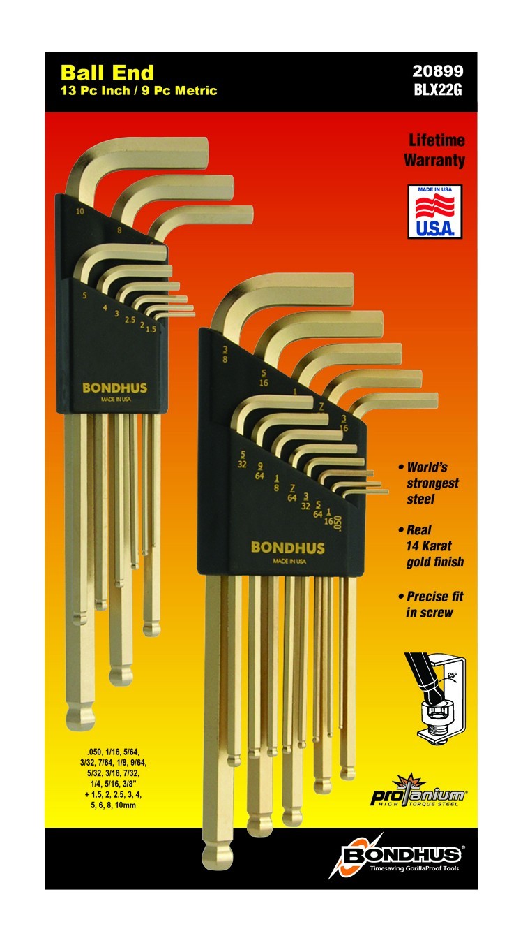 Bondhus 22pc GoldGuard Ball End Hex L Wrench Set Metric SAE Inch USA MADE 20899