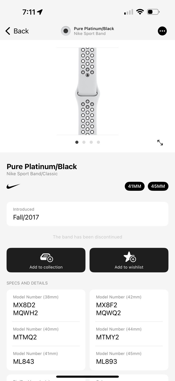 Apple Watch Nike Sport Band 44mm (42/45/46/49) OEM Pure Platinum Blk M/L *B*