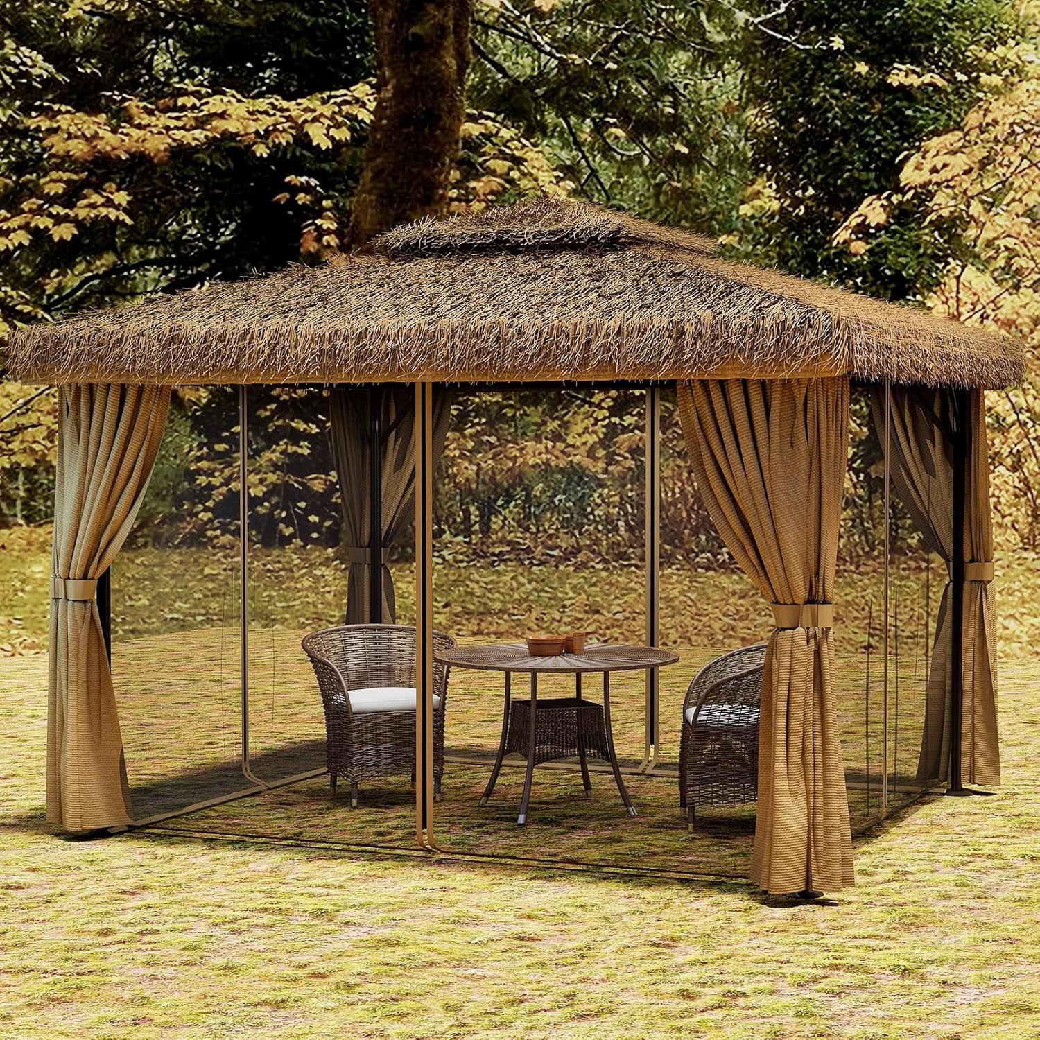 Double Thatched Roof Canopy,Outdoor Aluminum Frame Gazebo with Curtains Netting